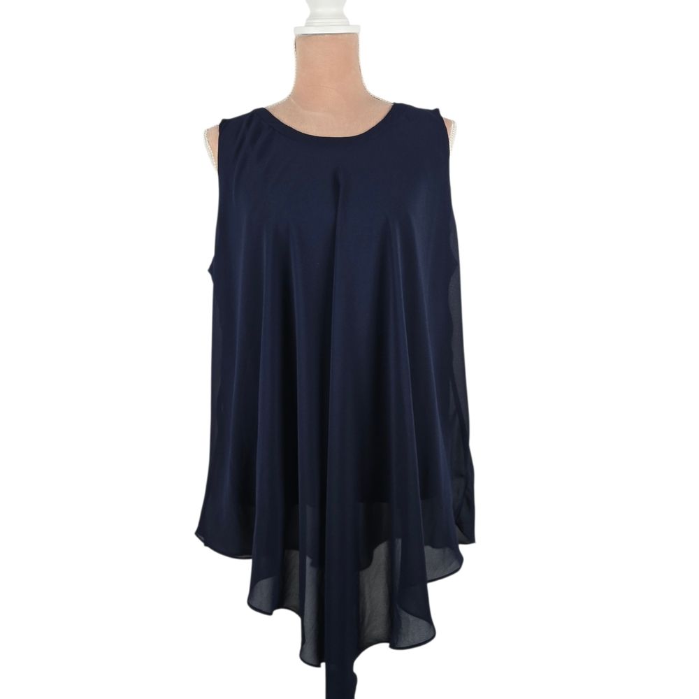 Susan Graver Navy Sleeveless Asymmetric Chiffon Overlay Top